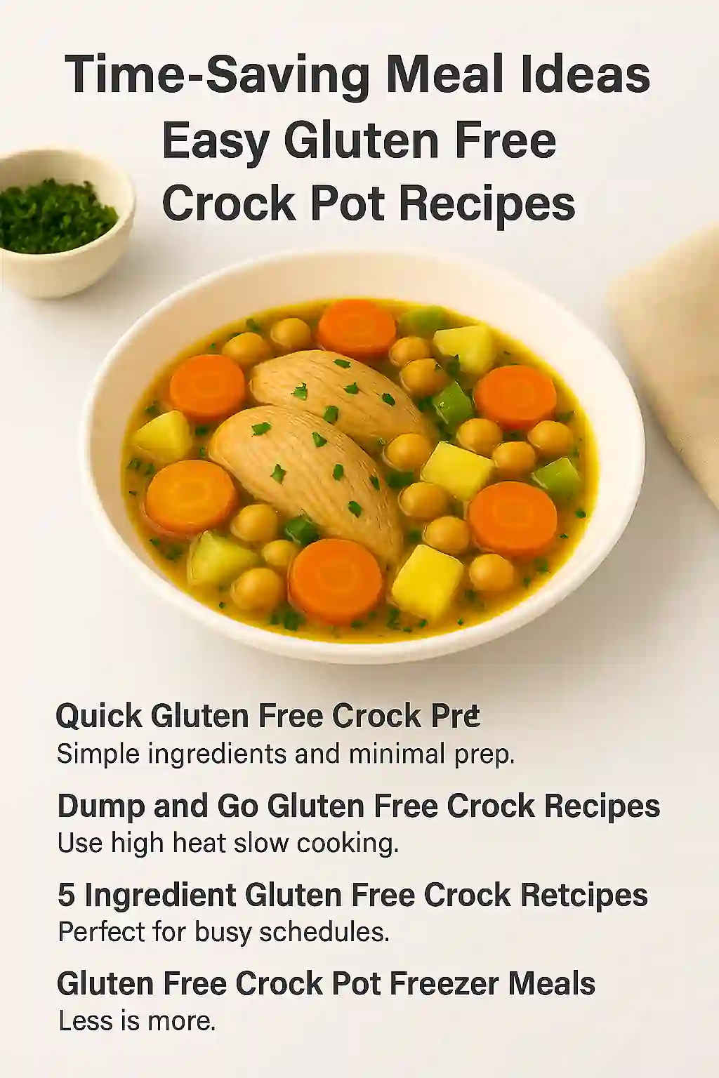 Gluten-free chicken stew with carrots, potatoes, and chickpeas plated beside fresh parsley and a clean slow cooker on a bright kitchen counter
