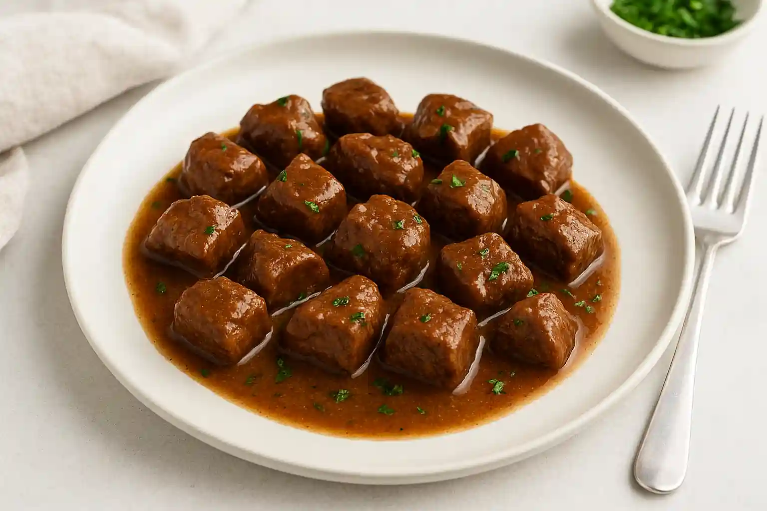 Beautifully plated beef tips in rich gravy, garnished with parsley under natural kitchen lighting