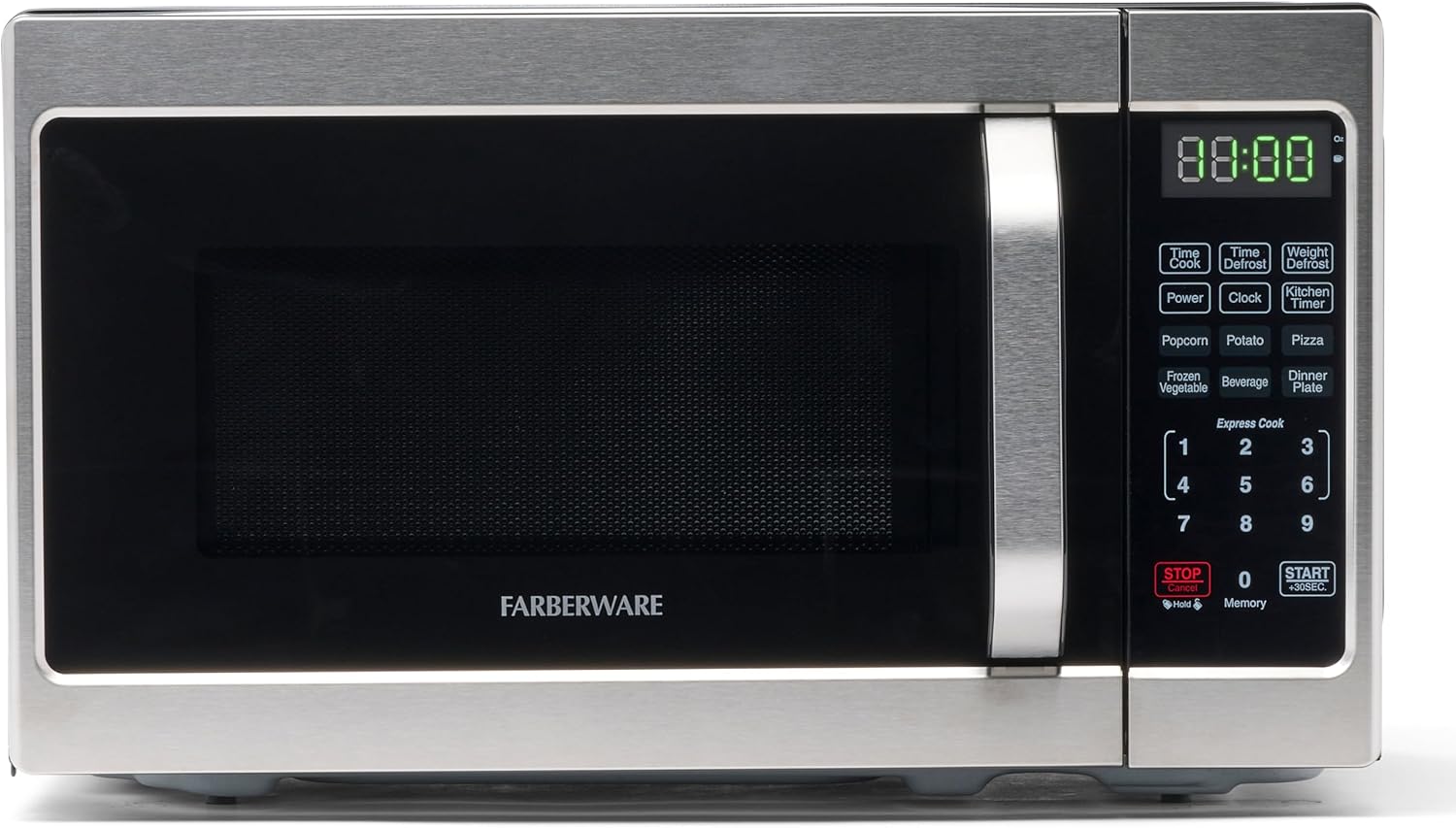 Farberware stainless steel microwave oven with black door, digital display reading “00:00,” and an intuitive control panel featuring presets like popcorn, potato, pizza, beverage, frozen vegetable, and dinner plate, along with numeric keypad, timer, and defrost functions.