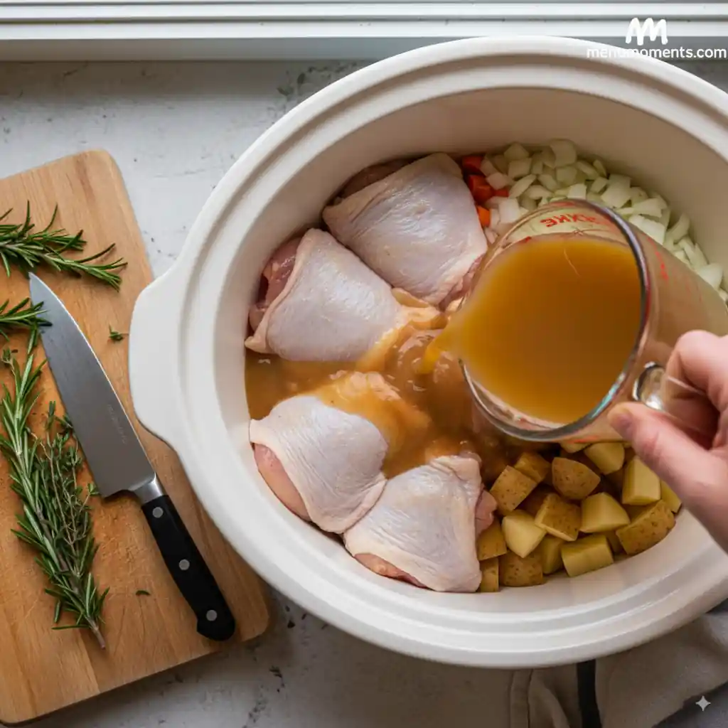 Raw chicken thighs placed on top of chopped vegetables in a white crockpot, with chicken broth being poured over them from a glass measuring cup. Branded with menumoments.com.