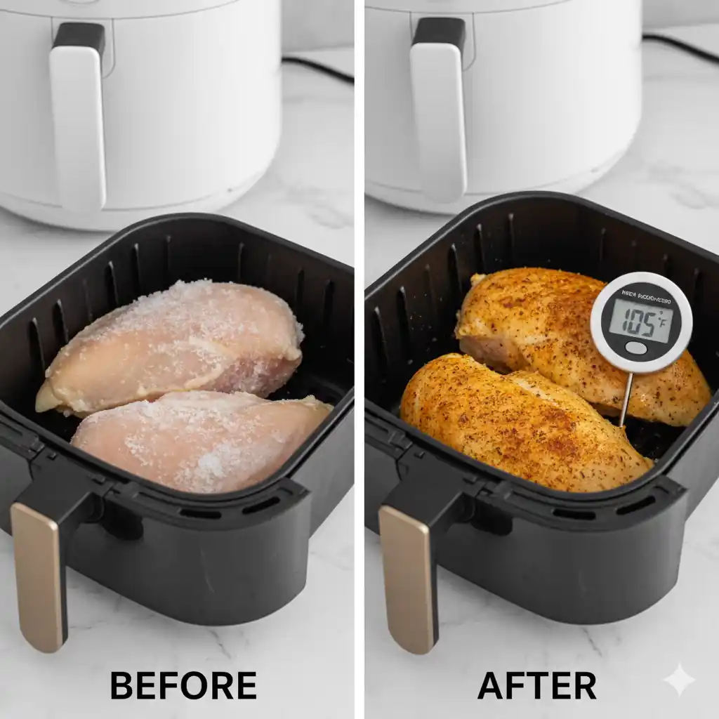 Side-by-side comparison of frozen chicken breasts in an air fryer basket (before) and seasoned, partially cooked chicken breasts with a meat thermometer (after).