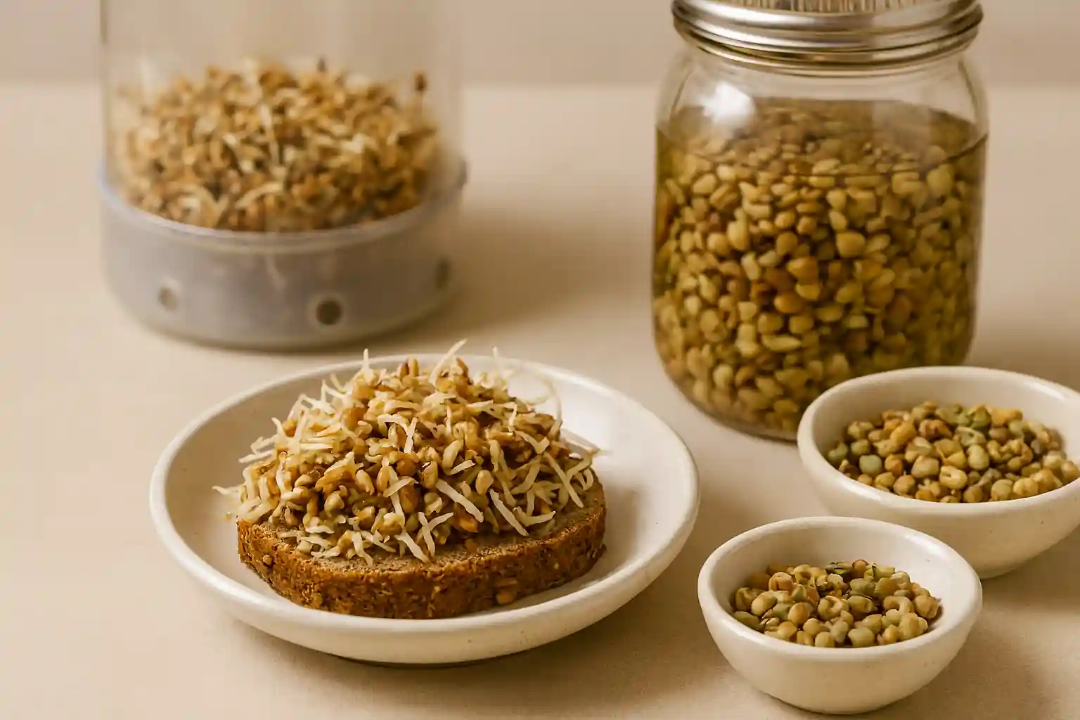 Sprouted wheat and lentils plated with mason jar and grain sprouter in natural kitchen light