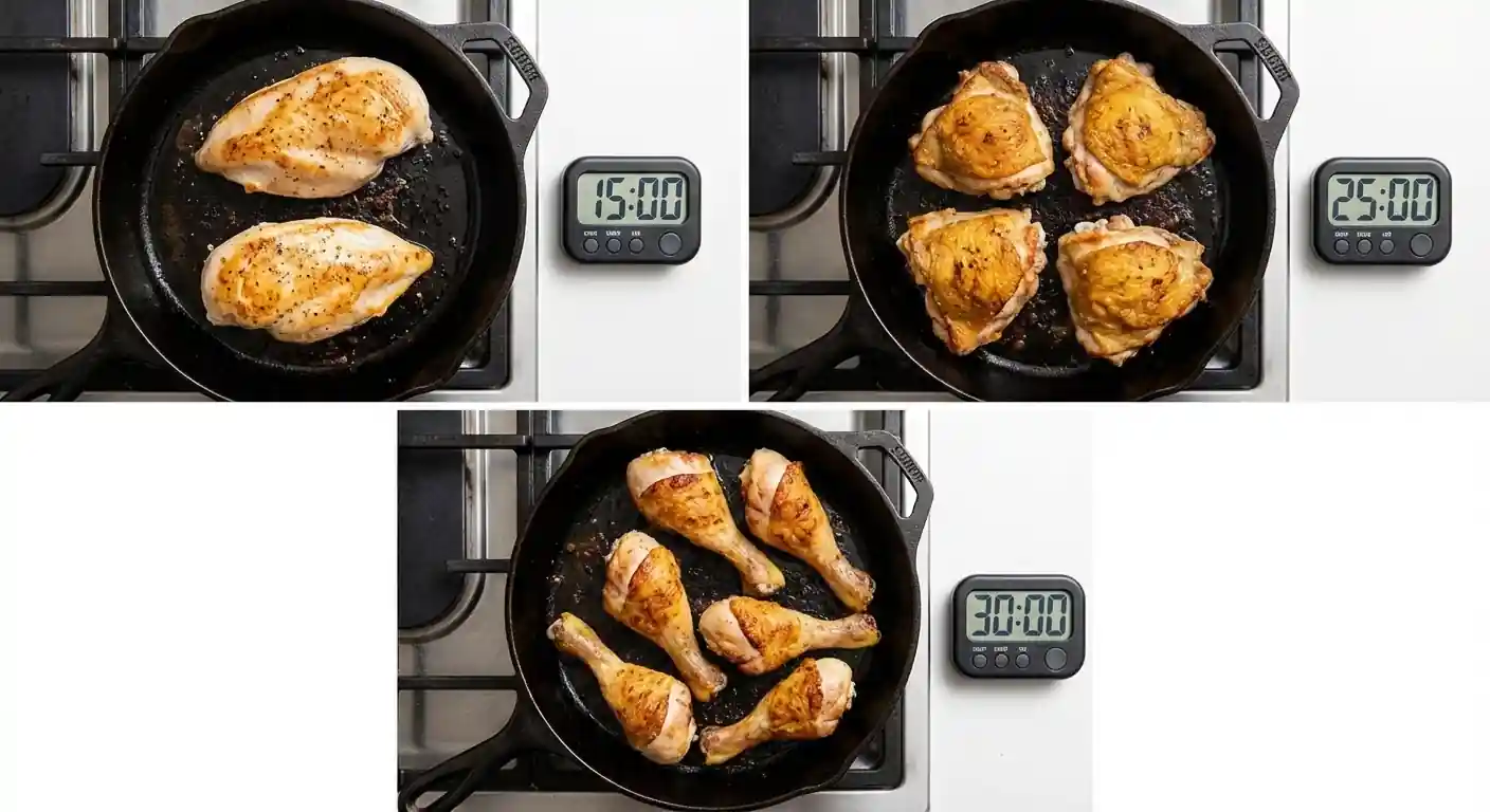 A three-panel collage of overhead photographs showing different chicken cuts in cast iron skillets with digital timers: Top left shows two chicken breasts with a '15:00' timer; top right shows four chicken thighs with a '25:00' timer; bottom center shows six chicken drumsticks with a '30:00' timer