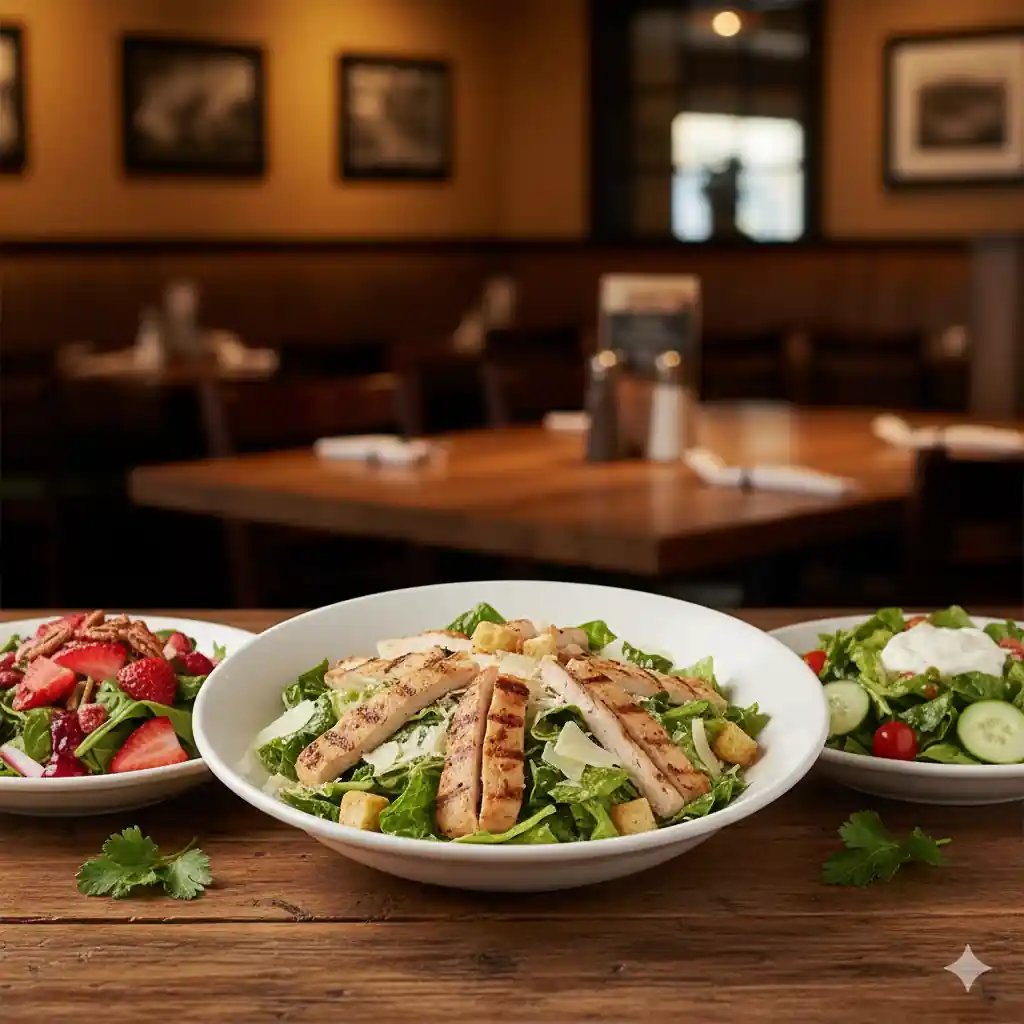A trio of fresh Longhorn Steakhouse salads: a Grilled Chicken Caesar Salad, a vibrant Strawberry Pecan Salad, and a Farm Fresh Field Greens salad, presented on a rustic wooden table.