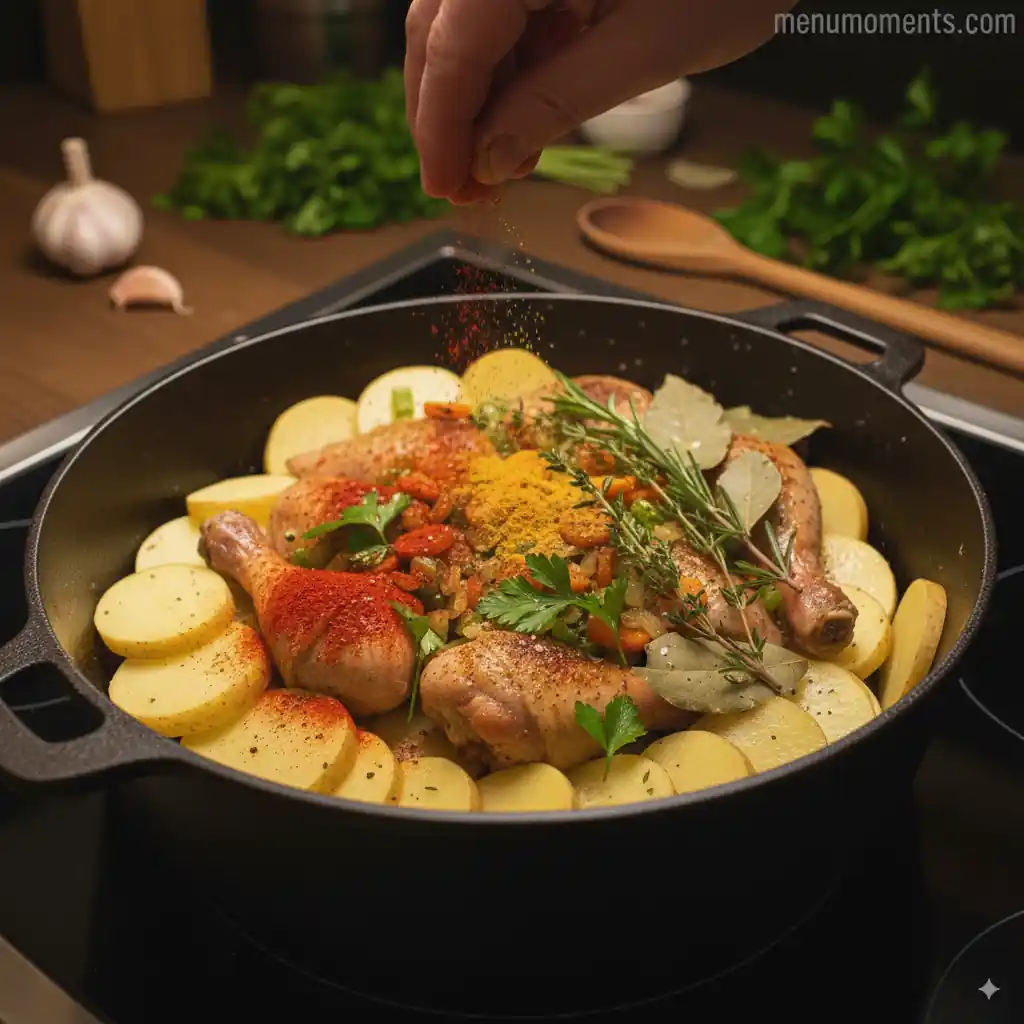 A hand sprinkles red paprika over the layered chicken, potatoes, and vegetables in a cast iron skillet. Fresh bay leaves, thyme, rosemary, and parsley are already added, alongside yellow spices like mustard powder or turmeric. A "menumoments.com" watermark is visible in the background.