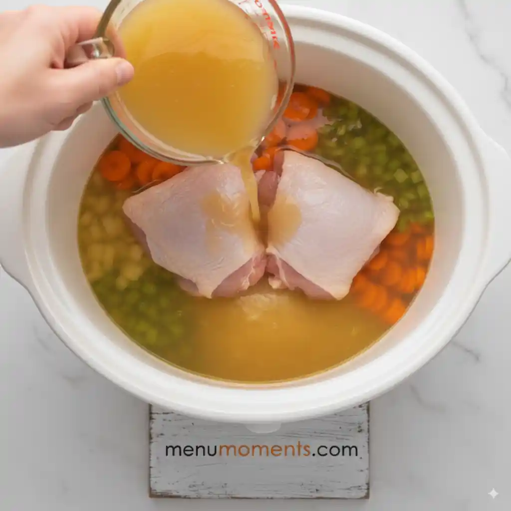 Raw, skinless chicken thighs placed on top of vegetables and rice in a crockpot, with low-sodium chicken broth being poured over them from a measuring cup. menumoments.com