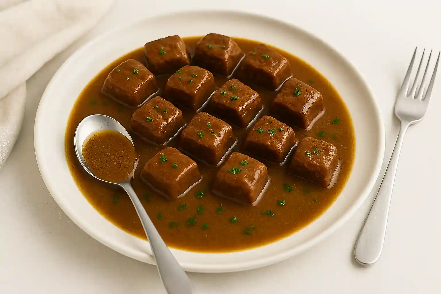Beef tips plated in thick brown gravy with parsley garnish and spoon lifting slow cooker gravy