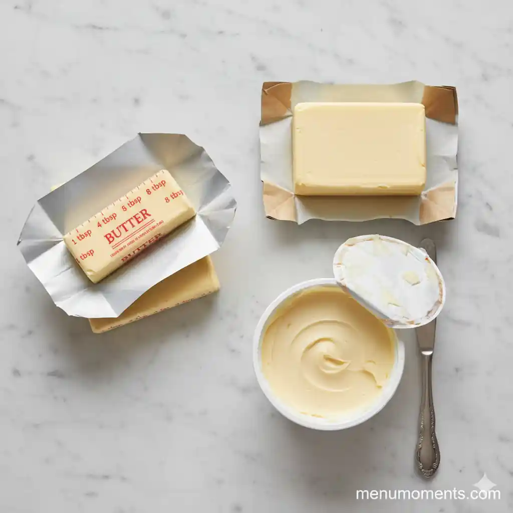 U.S. stick of butter with tablespoon markings next to a block of butter and a tub of butter, illustrating different forms.