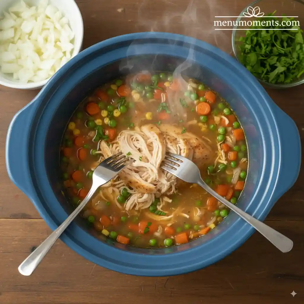 Two forks shredding cooked chicken breast directly in a blue crockpot filled with hot chicken soup, mixed vegetables, and garnished with parsley.