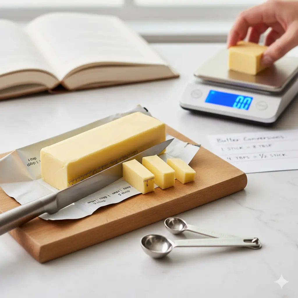 A stick of butter being cut with a knife, showing tablespoon markings on the wrapper, next to a food scale and measuring spoons, demonstrating measuring butter without a cup.