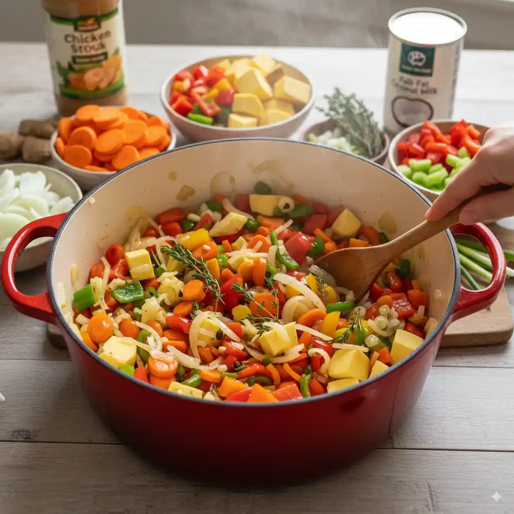 Stirring chopped vegetables including carrots, bell peppers, onions, and potatoes in a red Dutch oven for homemade stew