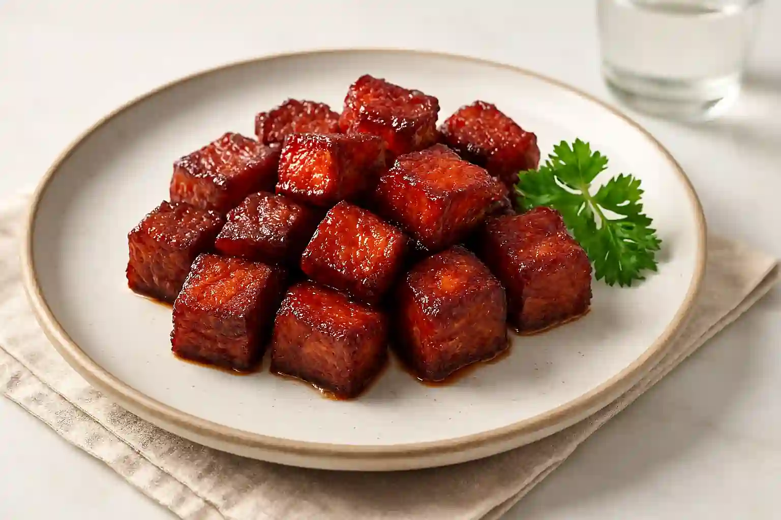 Beautifully plated smoked pork belly burnt ends on a white ceramic plate, garnished with fresh parsley, captured in bright natural kitchen lighting with a minimal modern background.