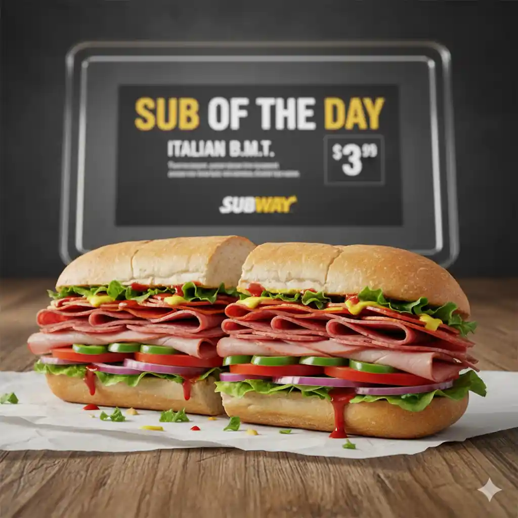 A delicious Italian B.M.T. Subway sub, cut in half, showcasing fresh ingredients, with a digital menu board behind it displaying "Sub of the Day: Italian B.M.T. $3.99".