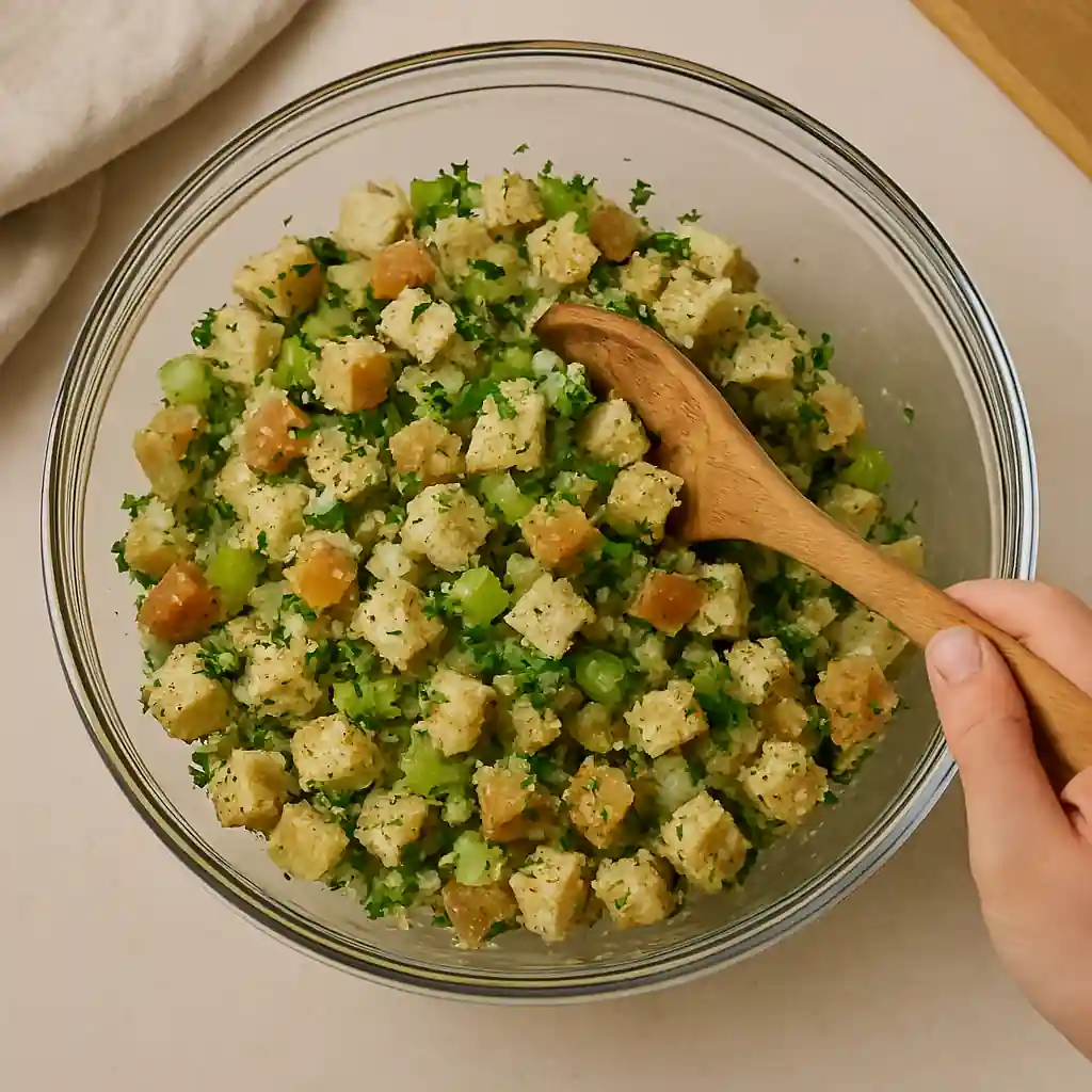 Bread cubes mixed with chopped celery and herbs in a glass bowl, stirred with a wooden spoon.