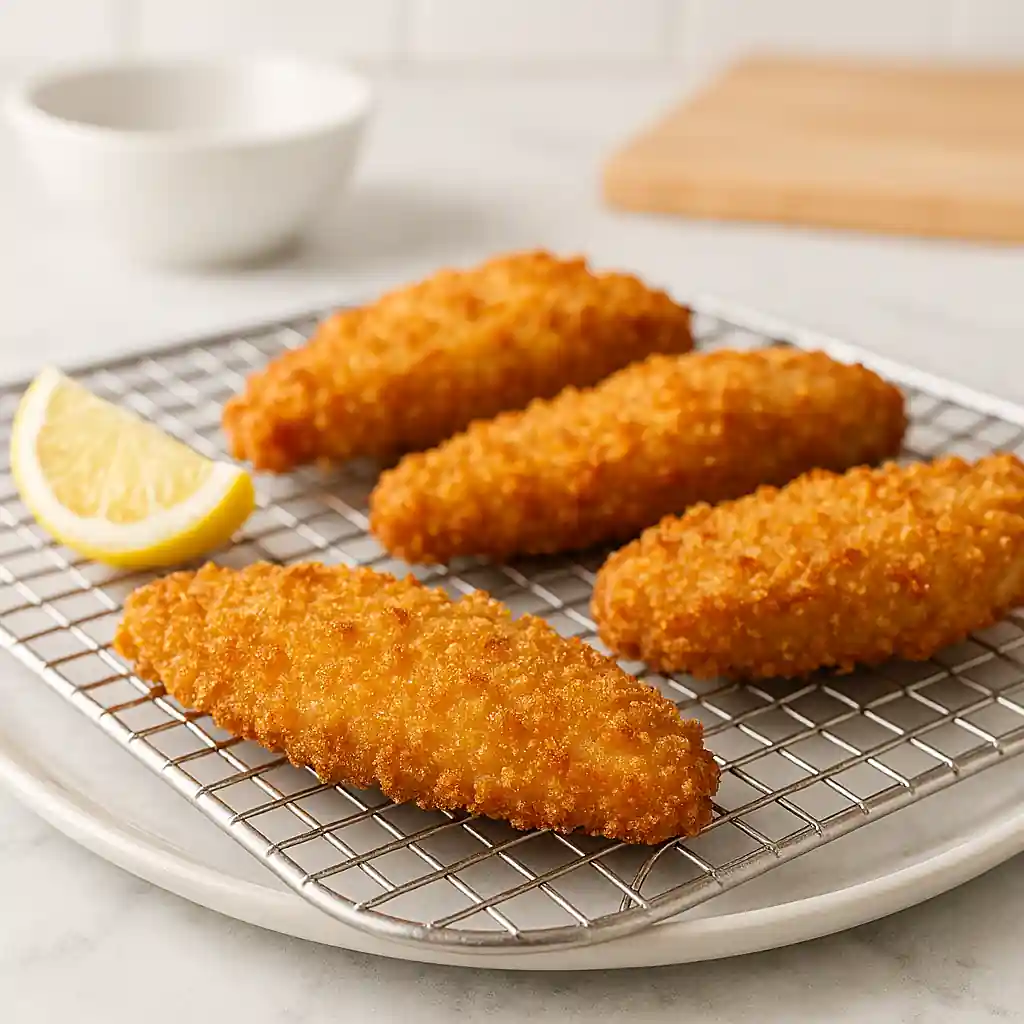 Golden-brown crispy fillets resting on a stainless steel wire rack with a lemon wedge, plated on a white ceramic dish in bright natural kitchen lighting.