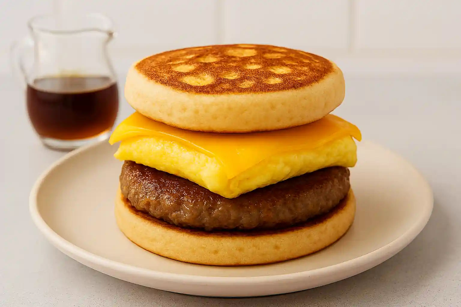 Homemade McGriddle sandwich with maple syrup–infused pancake buns, sausage, egg, and melted cheese on a ceramic plate in natural kitchen light