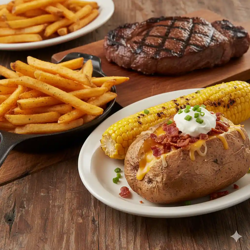 A hearty steak dinner with a loaded baked potato, grilled corn on the cob, and crispy seasoned french fries.
