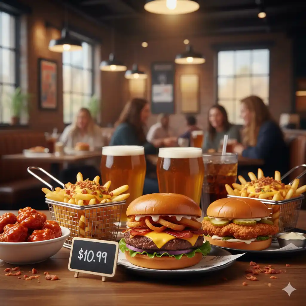 A delicious spread of Applebee's meal deals including a premium burger with onion rings, a crispy chicken sandwich, loaded fries, boneless wings, and drinks, with a small sign showing "$10.99".