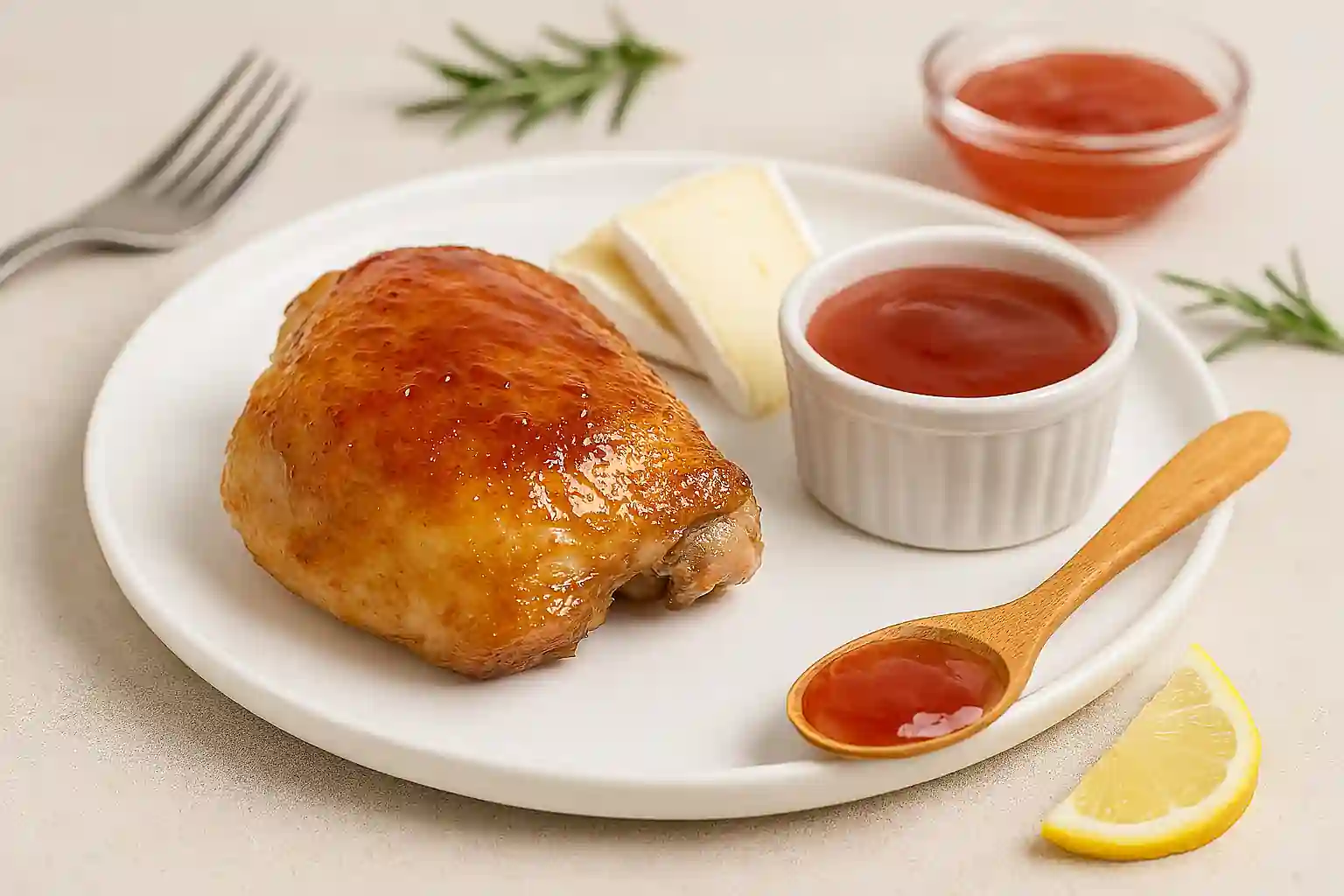 "Crab apple jelly glazed roasted chicken thigh with brie cheese and fresh rosemary in natural kitchen light"