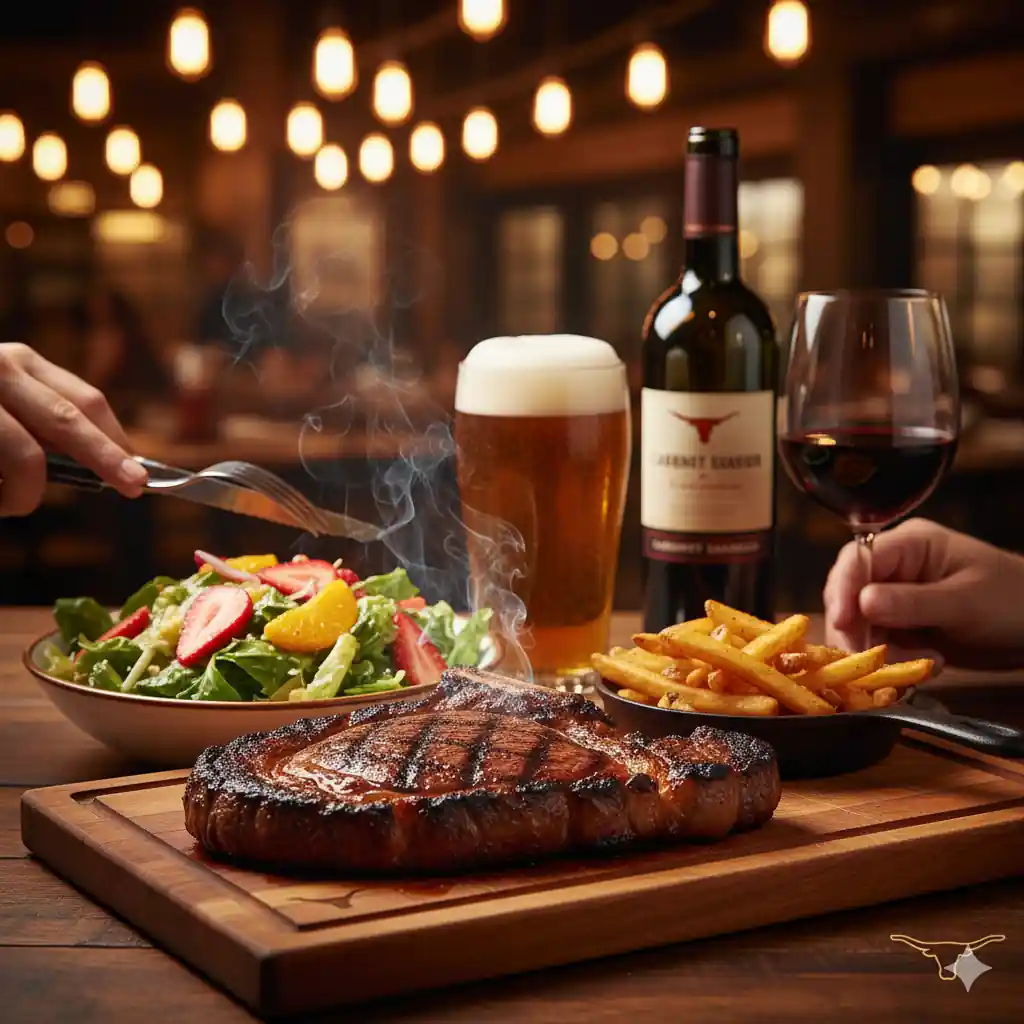 A sizzling grilled steak served with a fresh salad, french fries, a glass of beer, and a bottle and glass of red wine, embodying a complete Longhorn Steakhouse dining experience.