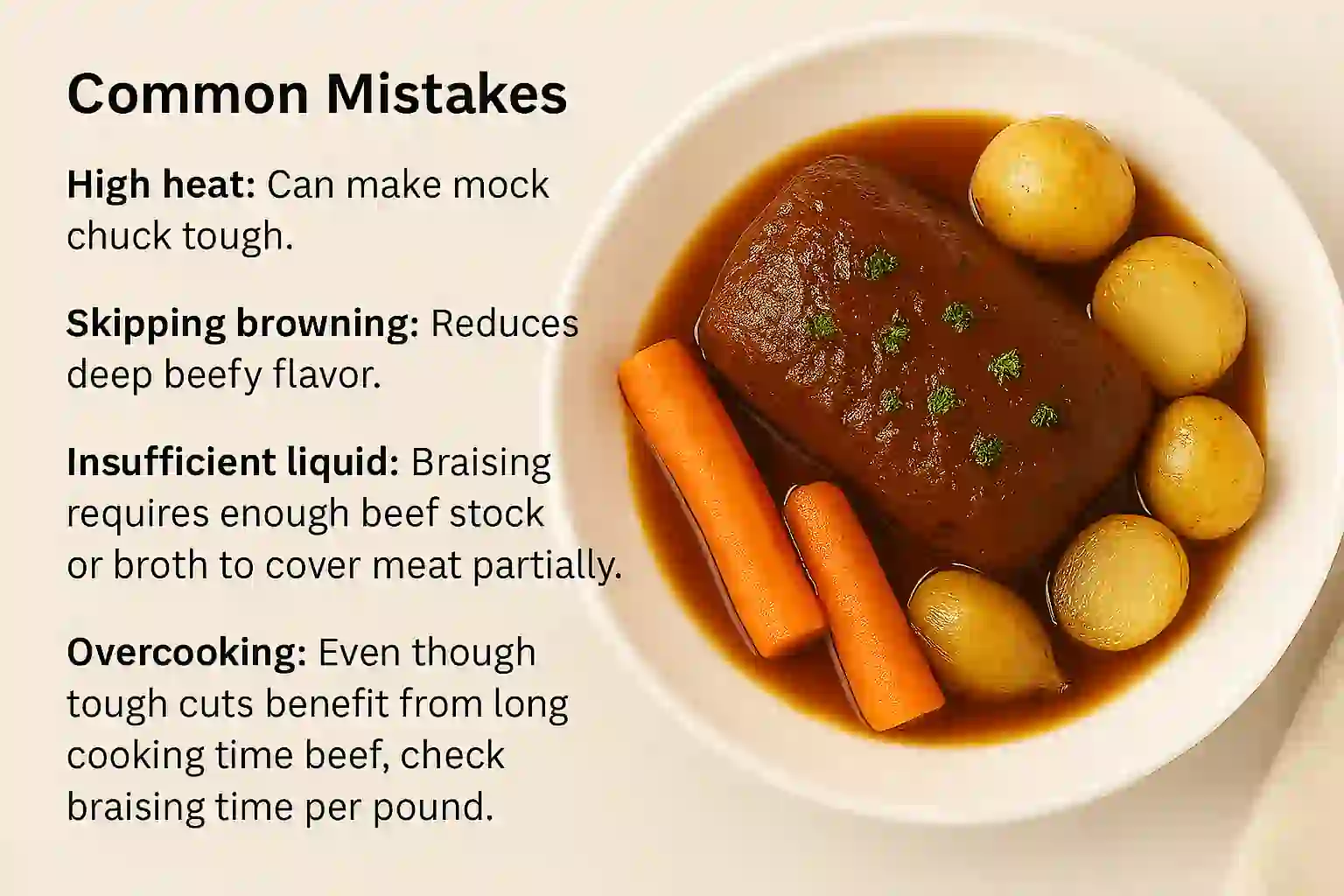Braised mock chuck roast plated with carrots, potatoes, and onions in rich brown sauce with parsley garnish