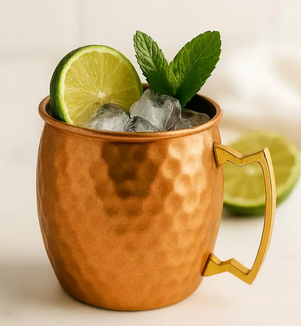 Kentucky Mule cocktail in a copper mug with lime wheel and mint garnish on a marble countertop.
