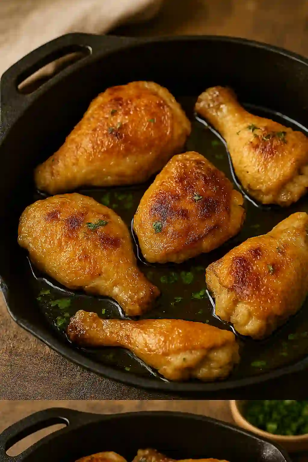 Golden-brown chicken drumsticks, thighs, and breast in a cast iron skillet garnished with herbs on a wooden surface