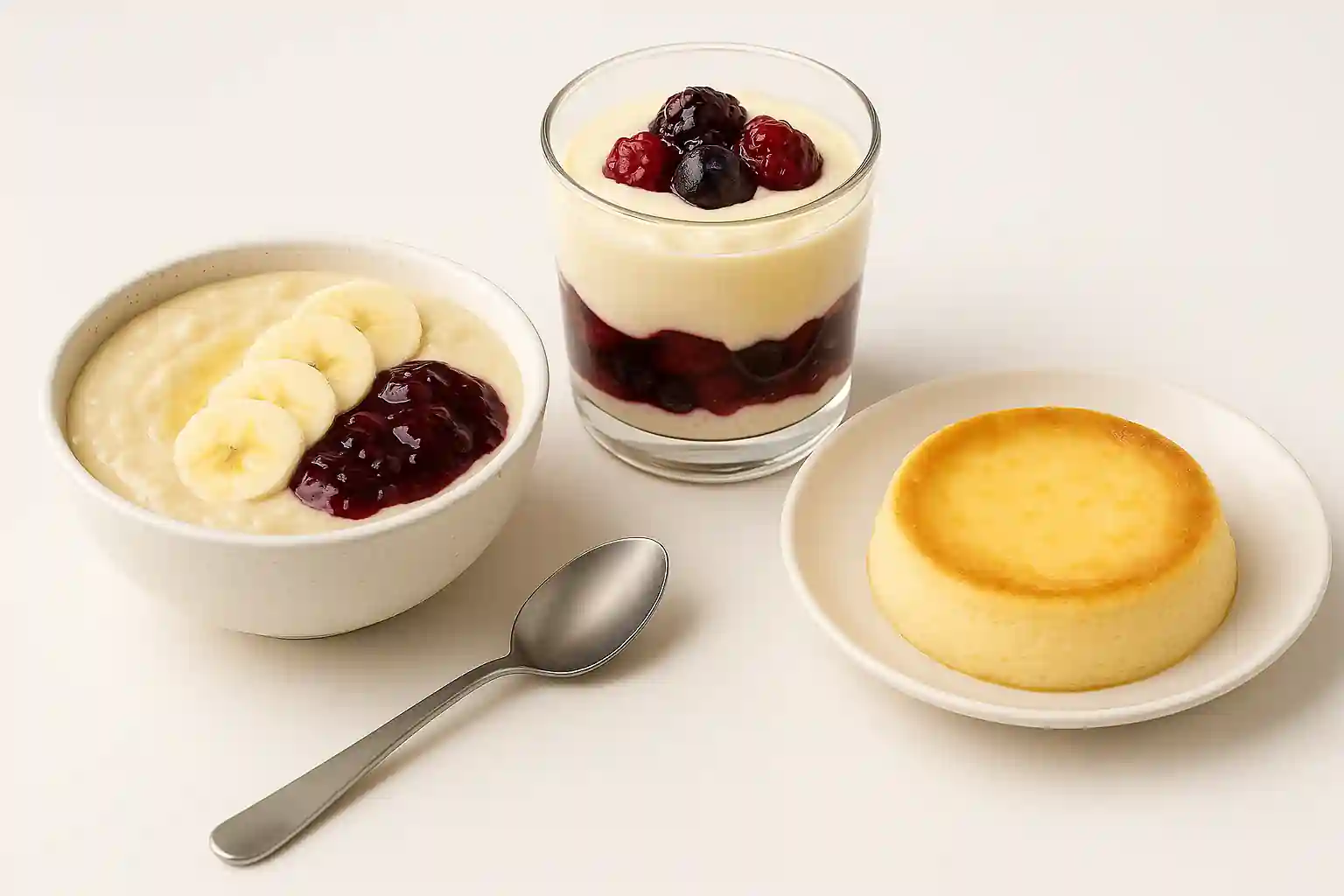 Bright, appetizing food image displaying three soft desserts: smooth banana pudding folded with mashed banana, layered berry yogurt parfait with soft custard, and creamy baked vanilla custard—all beautifully plated with vibrant colors and soft textures on a clean modern background.