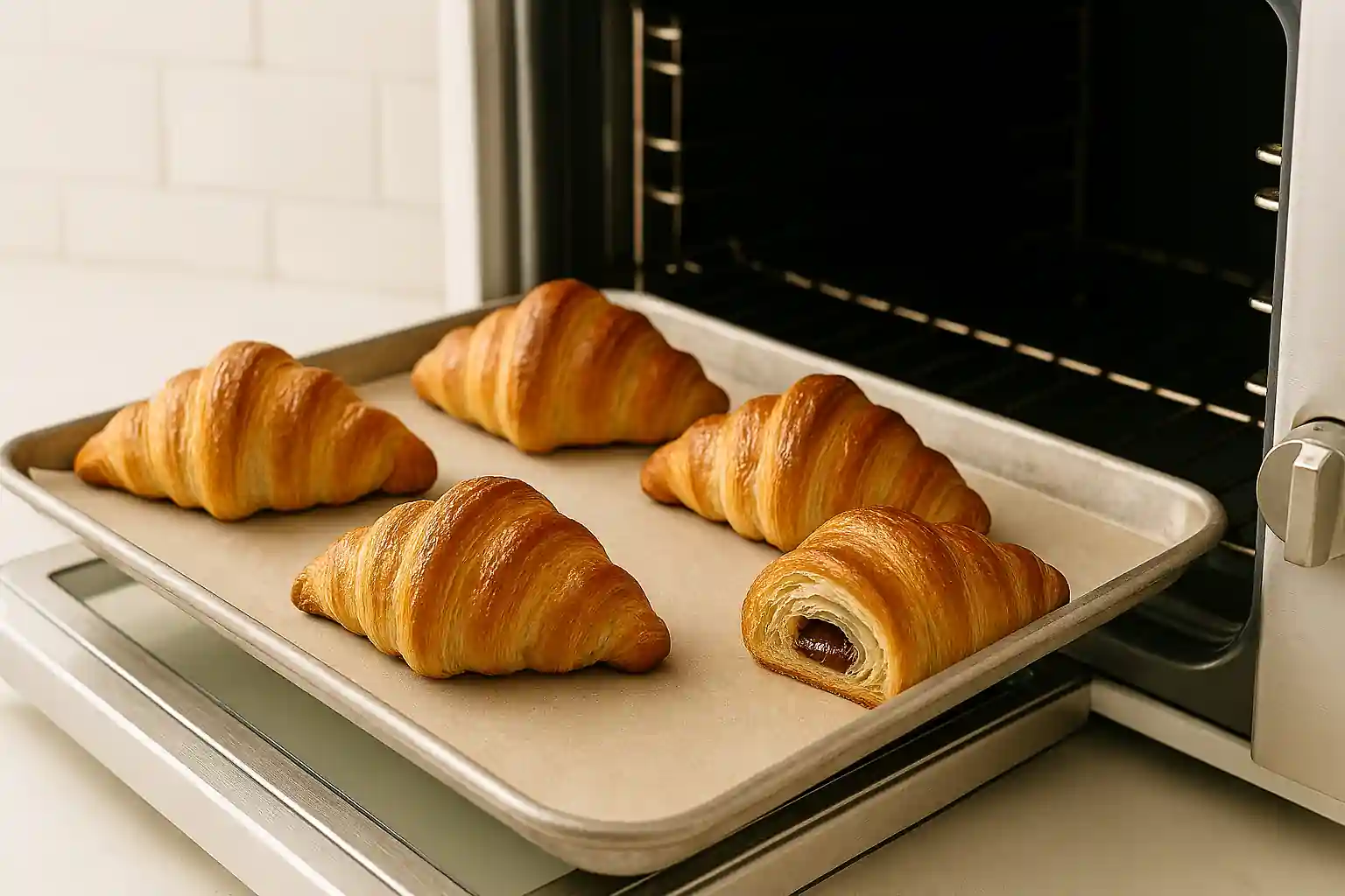 Golden Gipfeli pastries baking on parchment-lined tray in open oven with white tile background