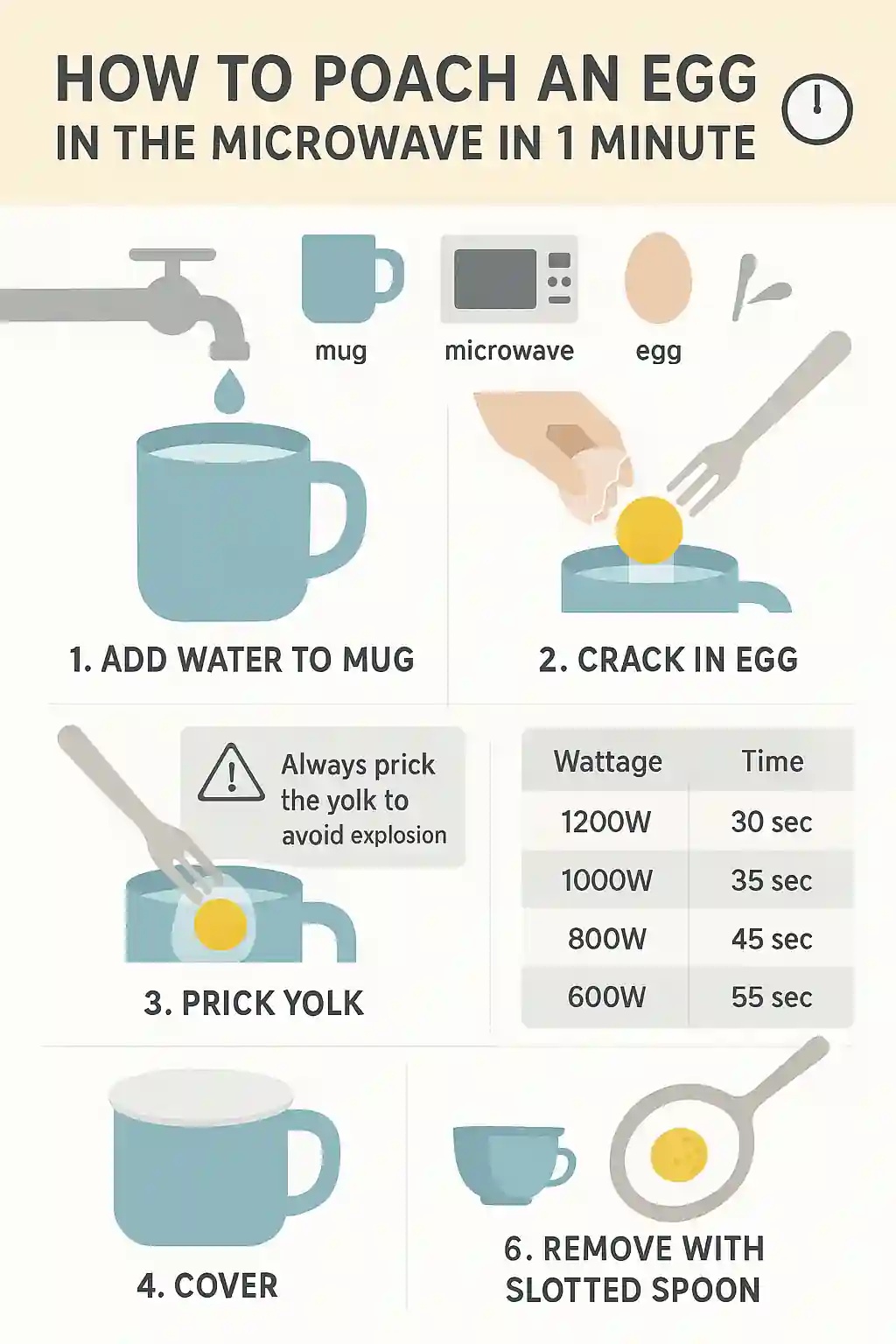 Digital infographic titled "How to Poach an Egg in the Microwave in 1 Minute," featuring step-by-step illustrations with a pastel palette. Shows a mug with water, cracked egg, pricked yolk, microwave process, and removal using a slotted spoon. Includes icons for time, wattage, and tools, plus a safety tip.