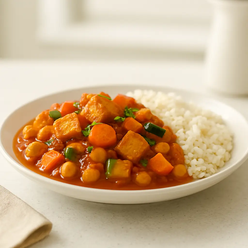 Single-serving vegan crockpot tofu and vegetable stew with rice in a bright kitchen setting