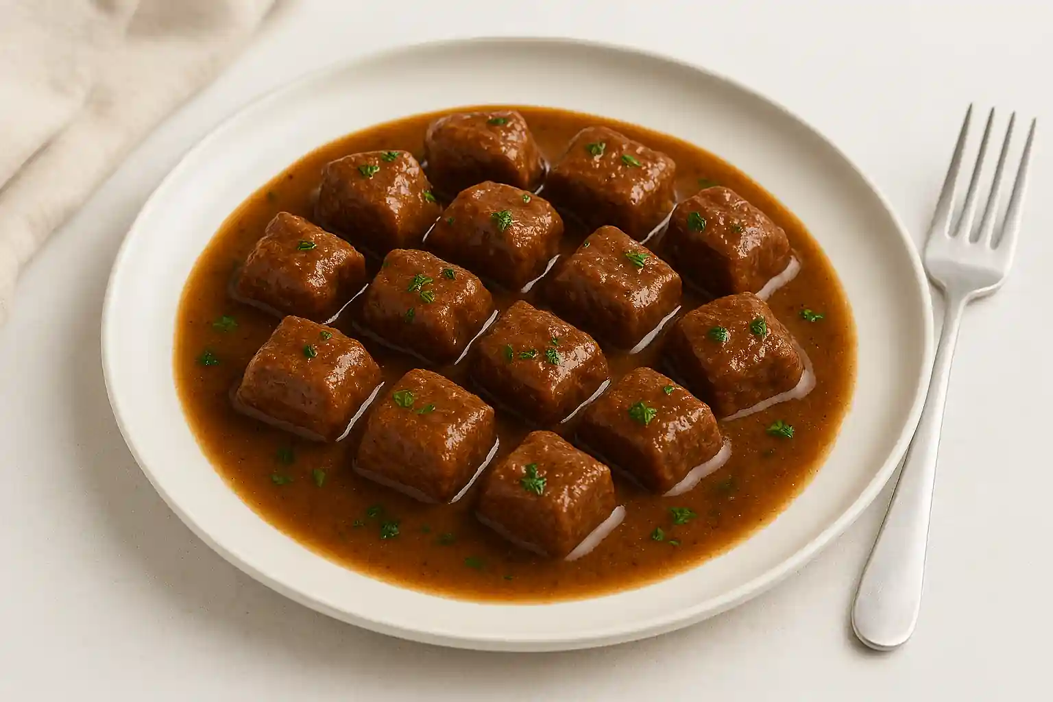 Tender beef tips plated in rich brown gravy, styled with fresh herbs under natural kitchen light