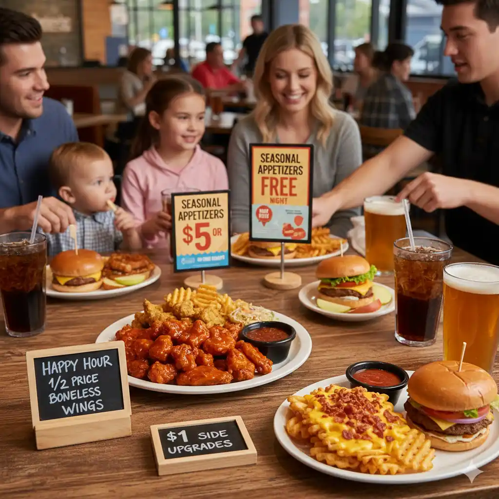 A family enjoying a meal at Applebee's, with a table full of food and small signs advertising "Happy Hour 1/2 Price Boneless Wings," "Seasonal Appetizers 5
o
r
l
e
s
s
,
"
a
n
d
"
5orless,"and"
1 Side Upgrades.