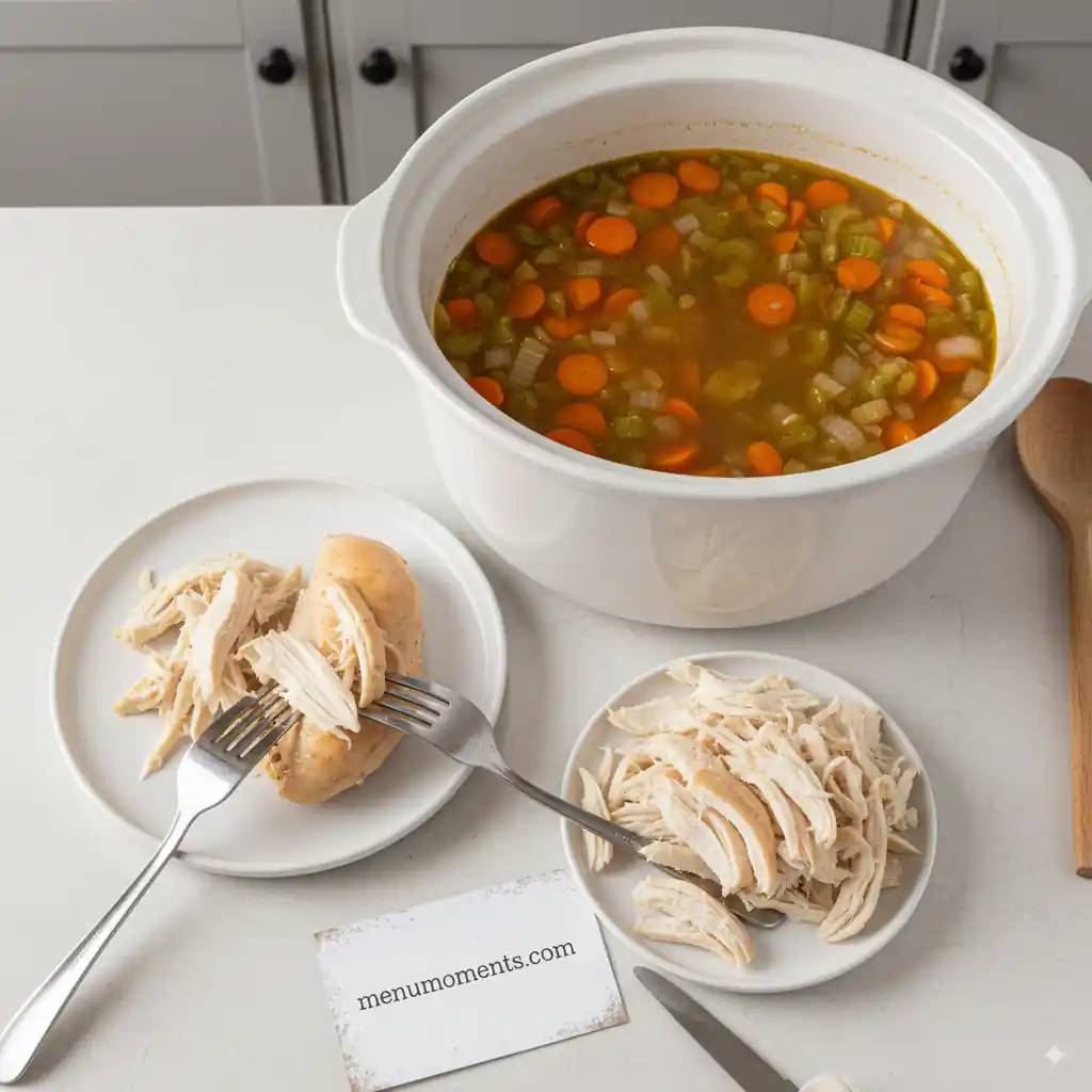Cooked chicken breast being shredded with two forks on a white plate next to a bowl of shredded chicken and a crockpot full of chicken soup base. menumoments.com