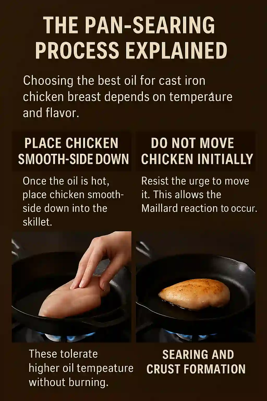 Chicken breast with a golden brown crust in a cast iron skillet, surrounded by herbs and juices