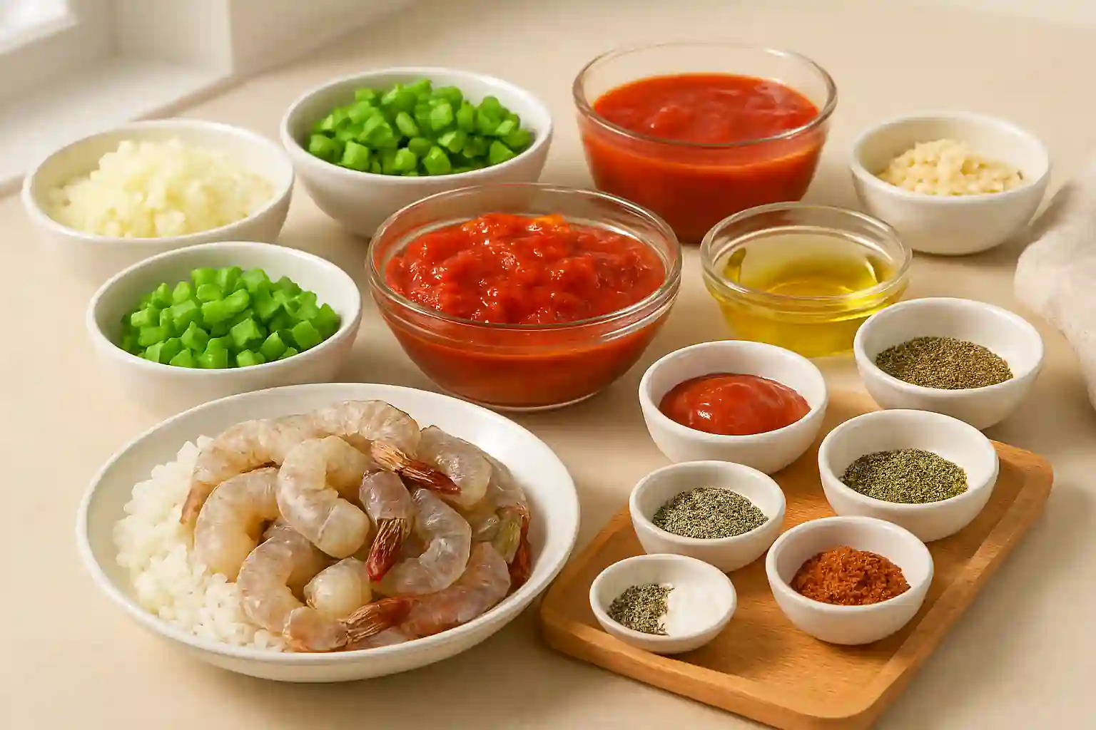 Ingredients for homemade prawn creole arranged in bowls and plates on a sunlit kitchen counter.