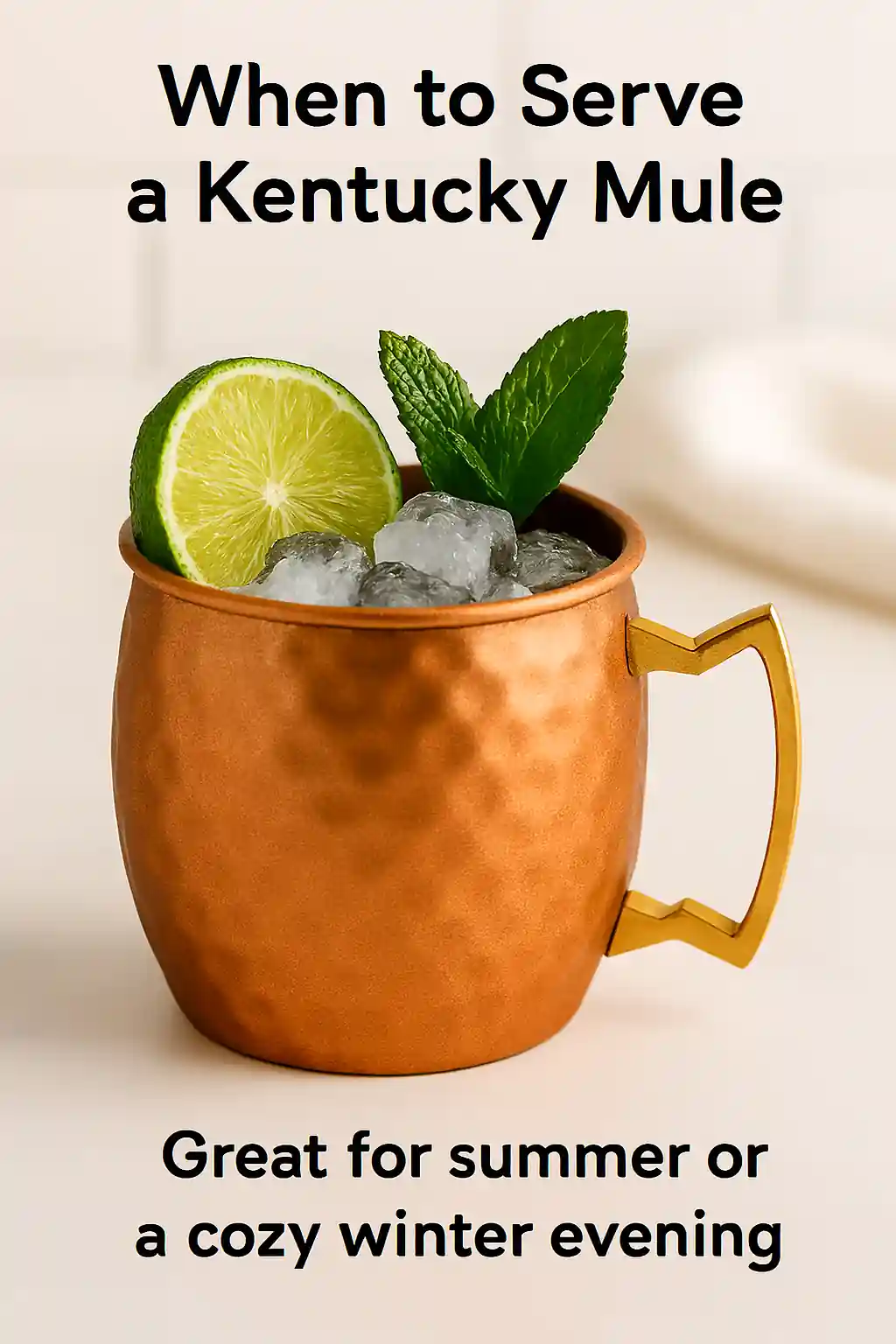 Copper mug filled with ice, garnished with a lime wheel and mint sprig, placed on a marble countertop.