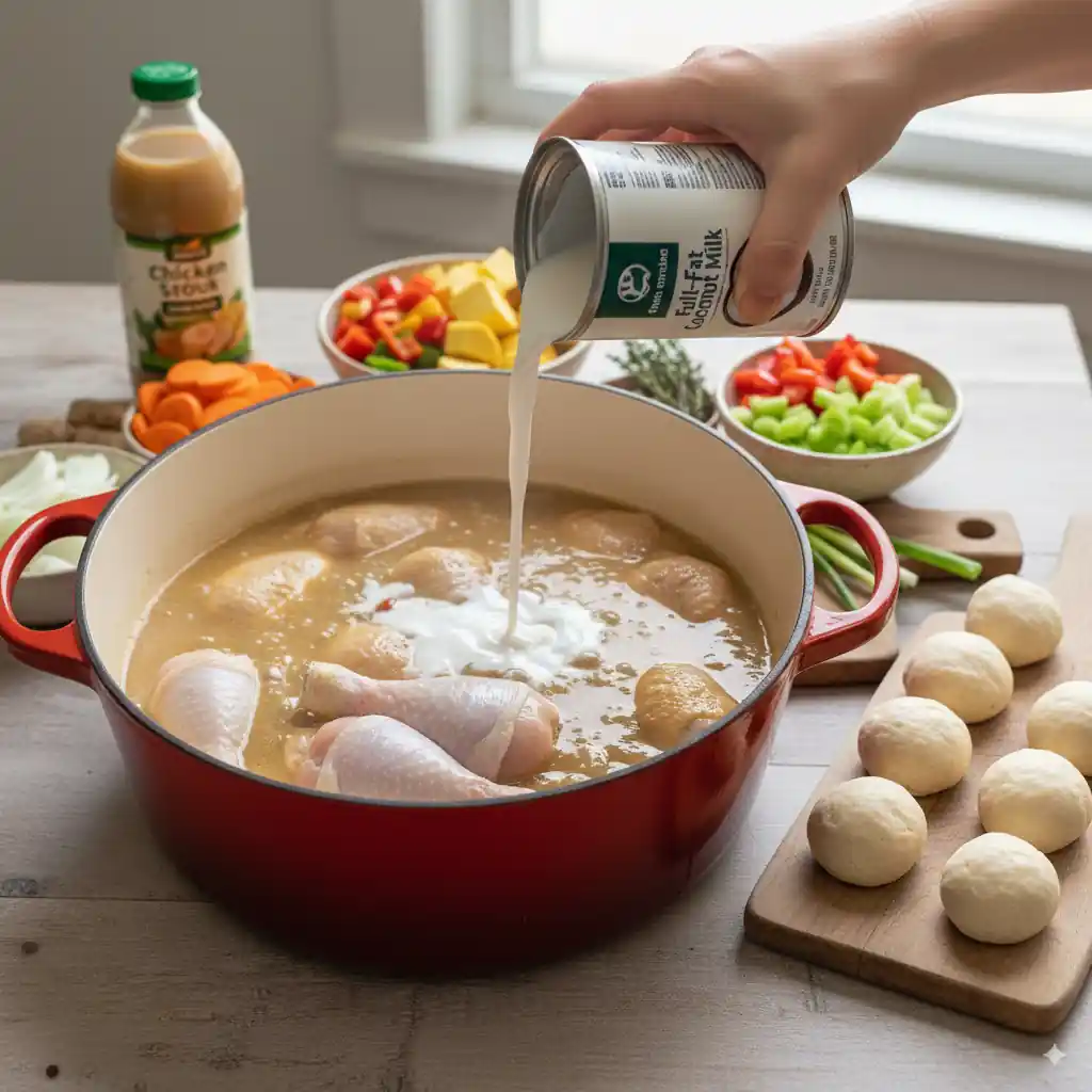 Pouring coconut milk over raw chicken drumsticks in a Dutch oven surrounded by chopped vegetables, herbs, and creamy lemon sauce for stew preparation