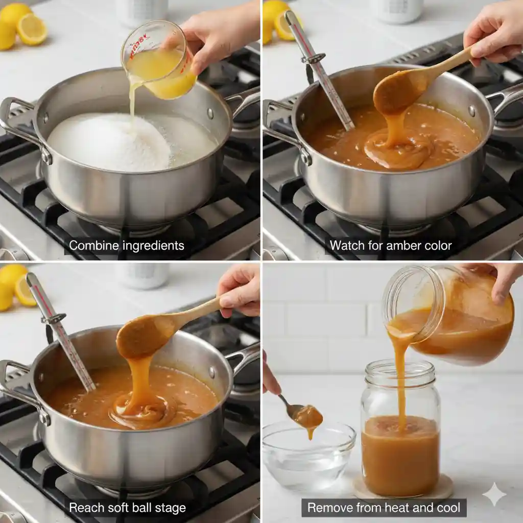 Step-by-step stovetop sugar wax recipe showing lemon juice, sugar, cooking stages, and cooling process