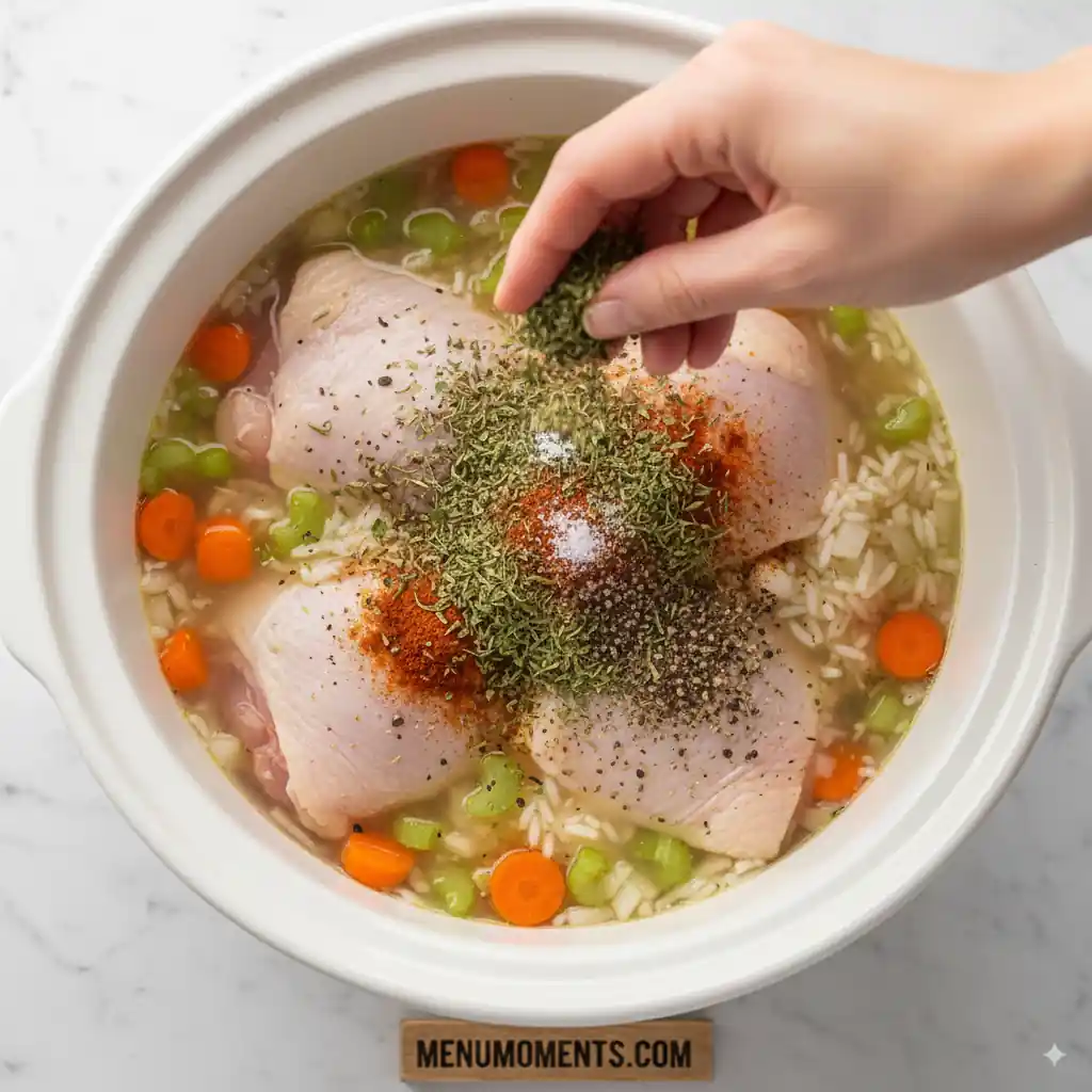 A hand sprinkling dried rosemary, thyme, parsley, salt, pepper, and paprika over raw chicken thighs, vegetables, rice, and broth in a crockpot. menumoments.com