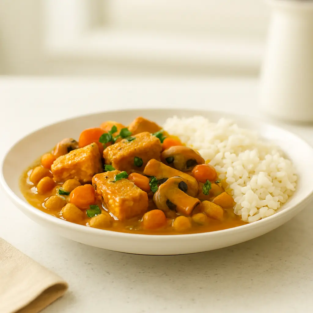 Single-serving vegan crockpot lentil and vegetable stew with visible spices in a bright kitchen setting