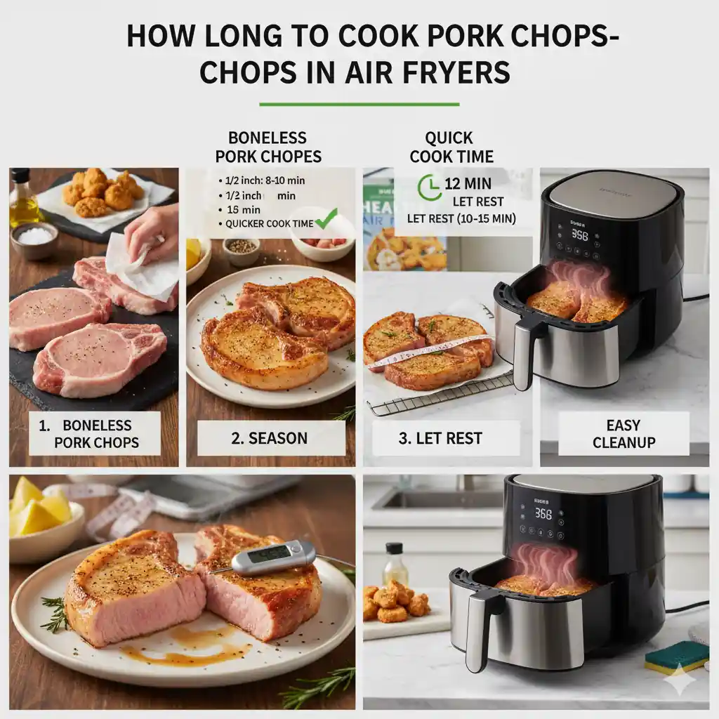 Juicy air fryer pork chops cooking guide with preparation steps, cooking times for boneless and bone-in chops, seasoning, and temperature checking for perfect results.