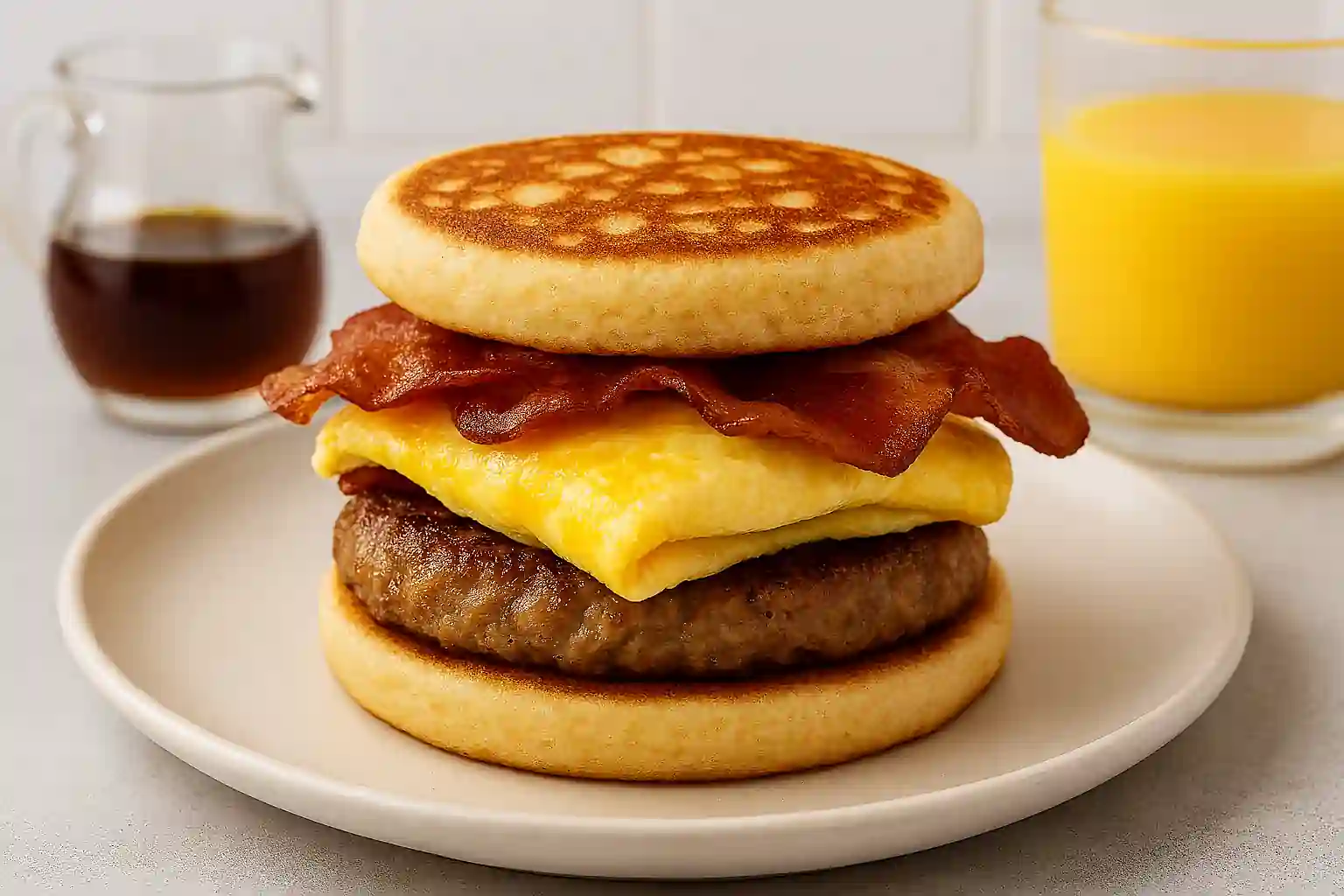 Homemade McGriddle breakfast sandwich with fluffy pancakes, sausage, egg, and crispy bacon on a ceramic plate in natural kitchen light
