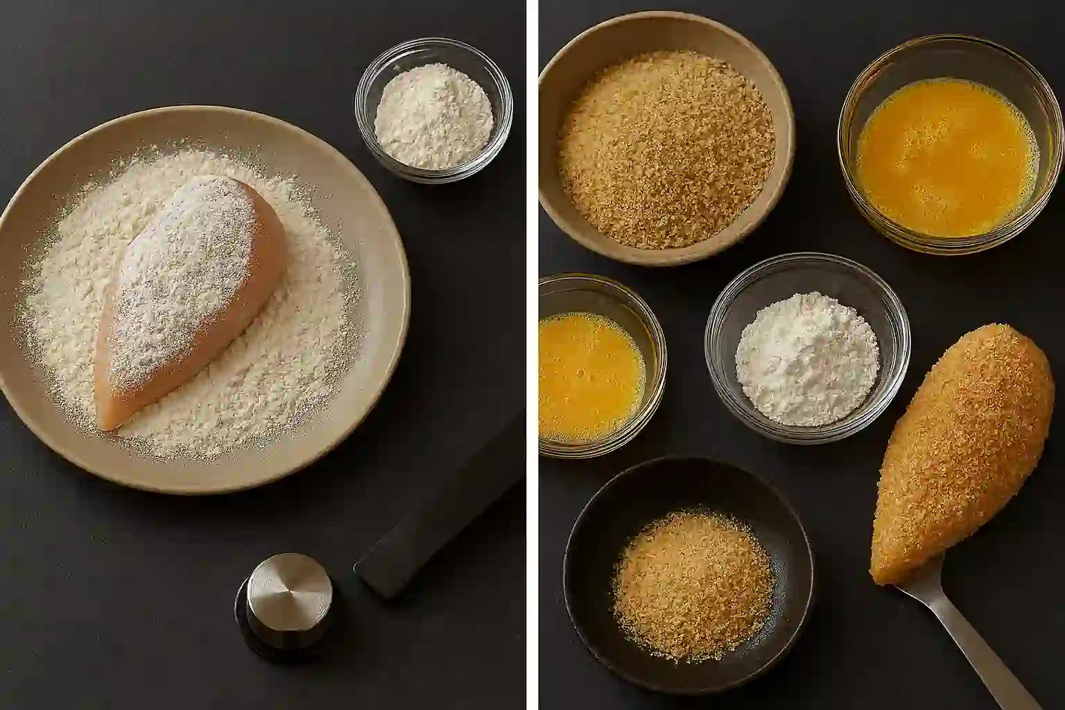hicken breasts coated in flour on a plate next to a flour-filled bowl with a wooden