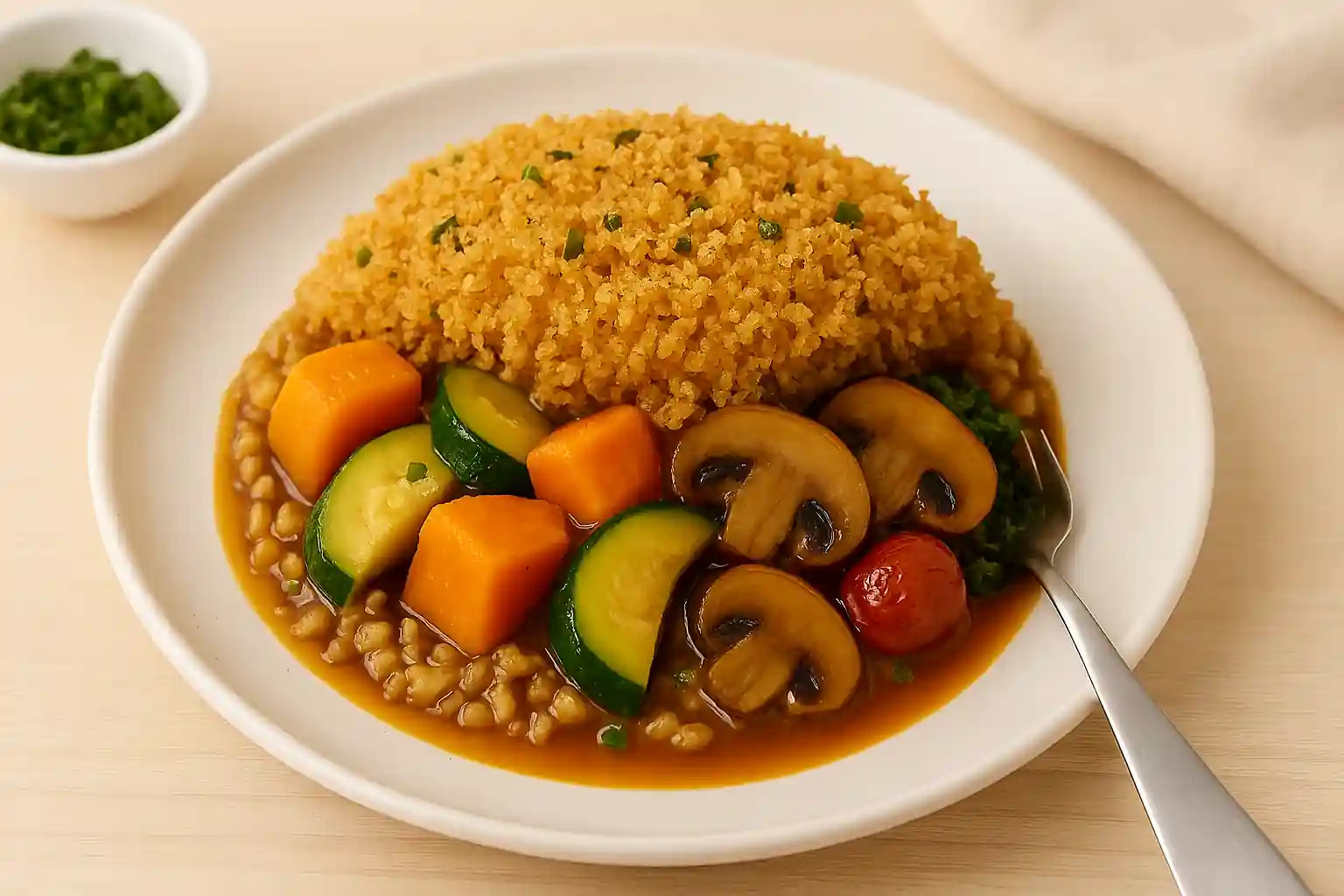 "Single-serving vegan casserole with golden breadcrumb and walnut topping over roasted vegetables and creamy sauce"