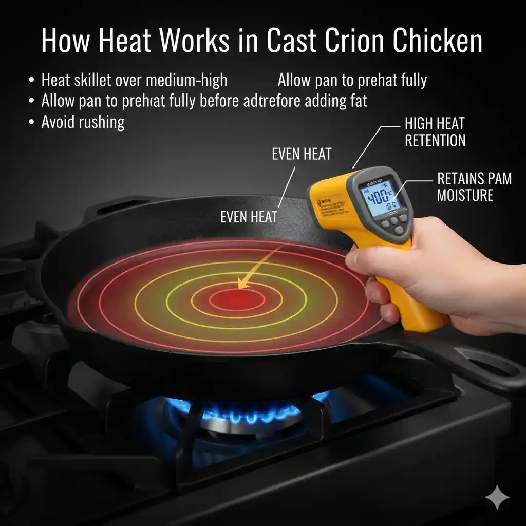 An infographic showing a cast iron skillet on a gas stove with heat rings and an infrared thermometer measuring surface temperature.