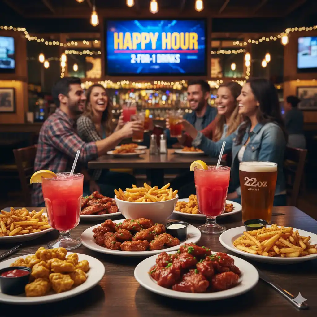 Friends toasting drinks during Applebee's Happy Hour, with a spread of appetizers, fries, and discounted drinks on the table, and a "Happy Hour 2-for-1 Drinks" sign in the background.