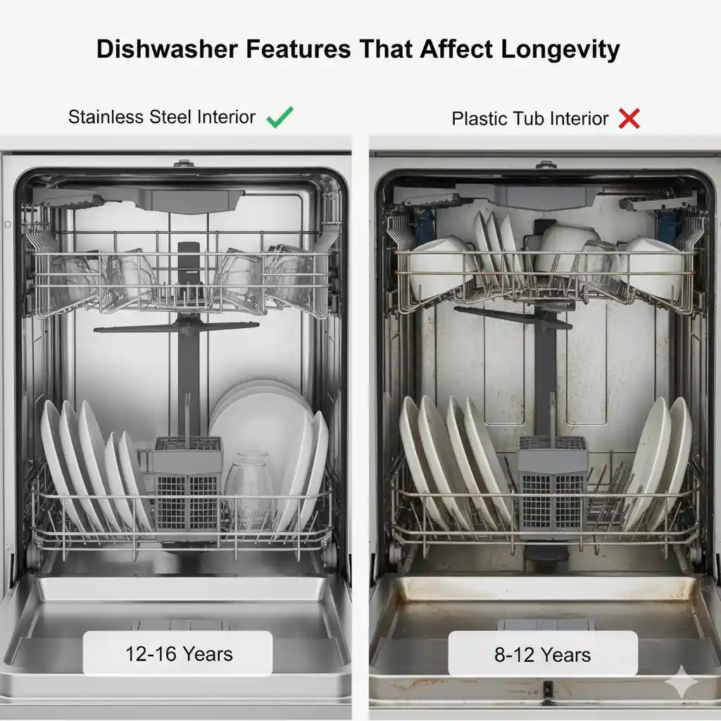 A split image comparing two dishwasher interiors. The left side shows a clean stainless steel interior with dishes and a "12-16 Years" label. The right side shows a stained plastic tub interior with dishes and an "8-12 Years" label, illustrating the difference in longevity.