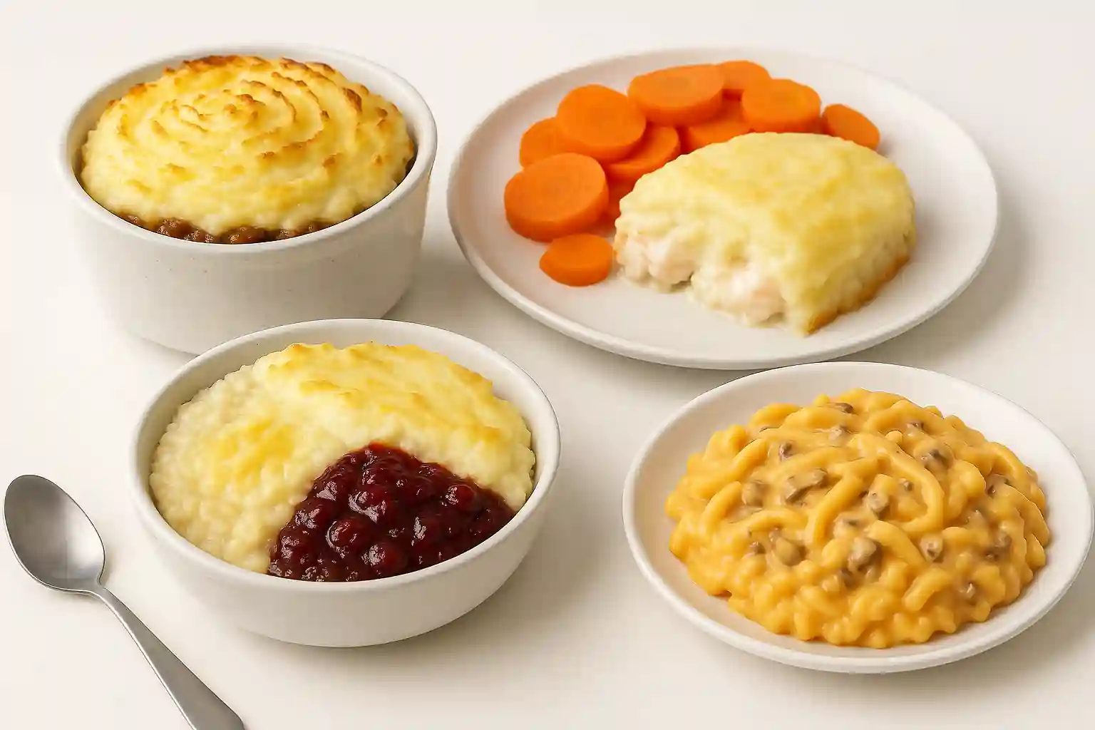 High-resolution image showcasing three hearty soft dinners: classic shepherd’s pie with mashed potato and peas, creamy fish pie with a golden potato topping and soft carrots, and pasta coated in a rich creamy sauce with finely chopped mushrooms, served on clean white plates with a bright, appetizing aesthetic.