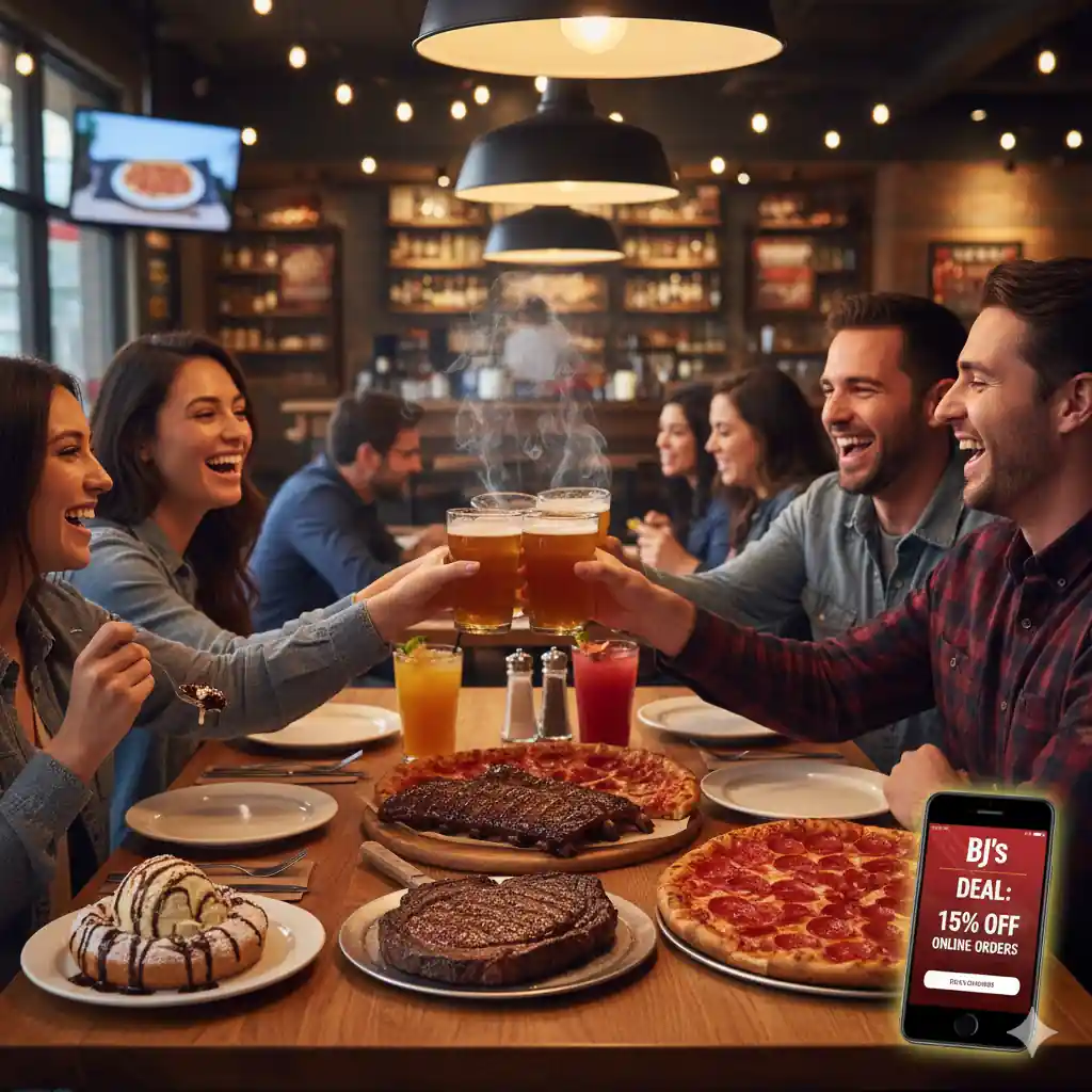 Group of six people enjoying a meal at BJ’s Restaurant, raising glasses in celebration around a table filled with pizza, steak, dessert, and drinks, with a smartphone showing a 15% off online order promo.